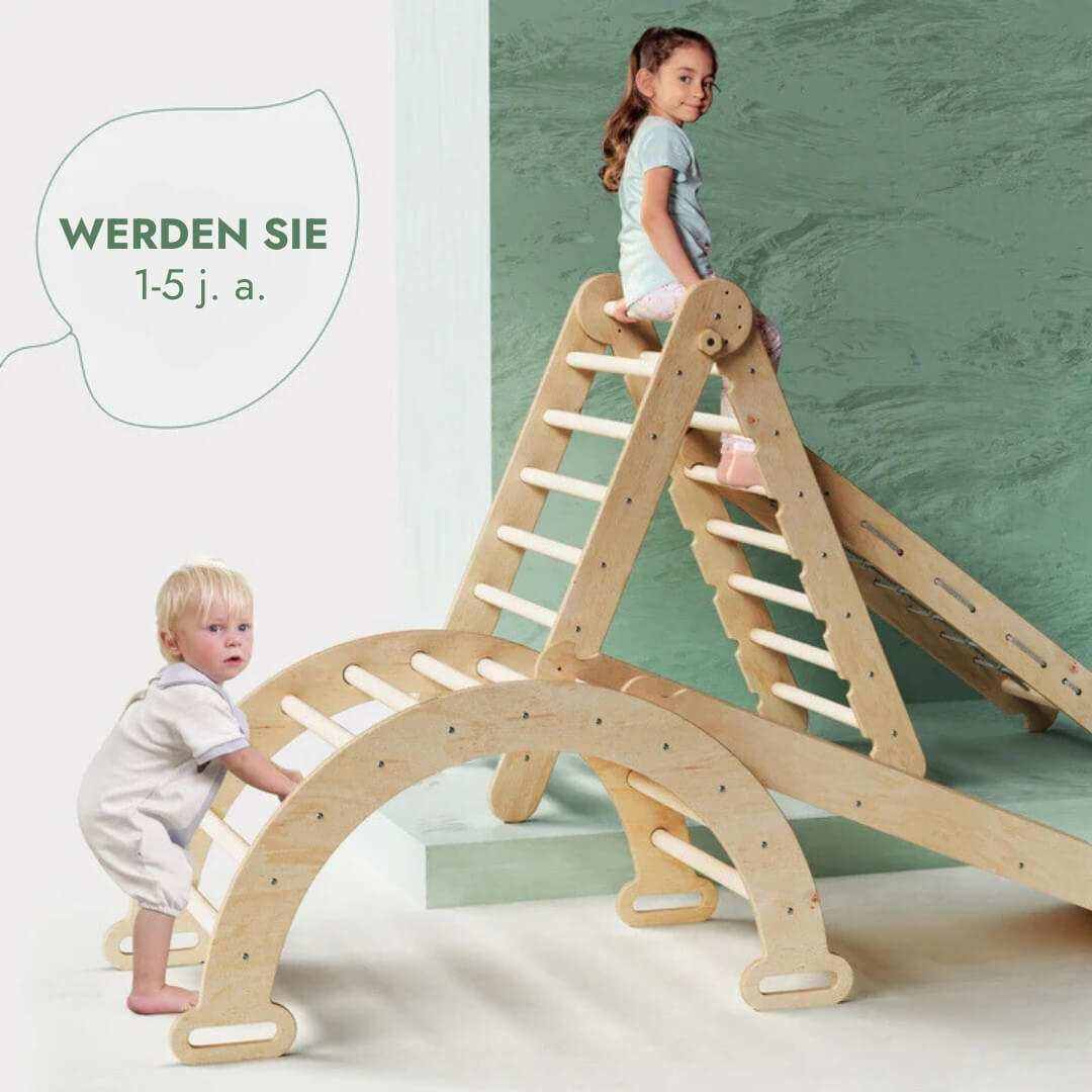4in1 Montessori Klettergerüst Set: Kletterdreieck mit Rutsche, Kletterbogen, Kletternetz, für Kinder 1-7 Jahre – Beige-4