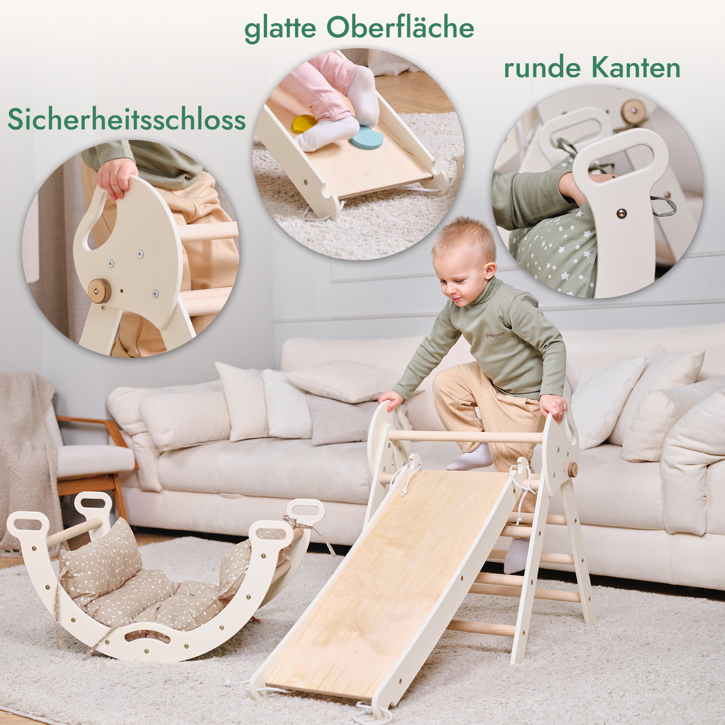 Montessori 4in1 Kletterset aus Holz für Kinder 1-3 mit Pikler Dreieck, Kletterbogen, Rutschbrett und Kissen