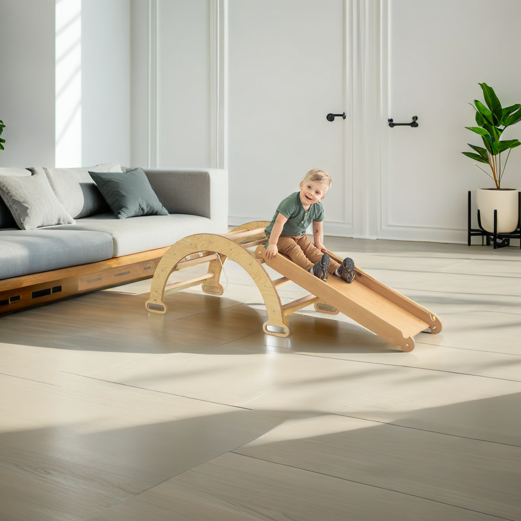 4in1 Montessori Kletter-Set: Kletterdreieck mit Rutsche, Kletterbogen mit Kissen, für Kinder 1-7 Jahre – Beige
