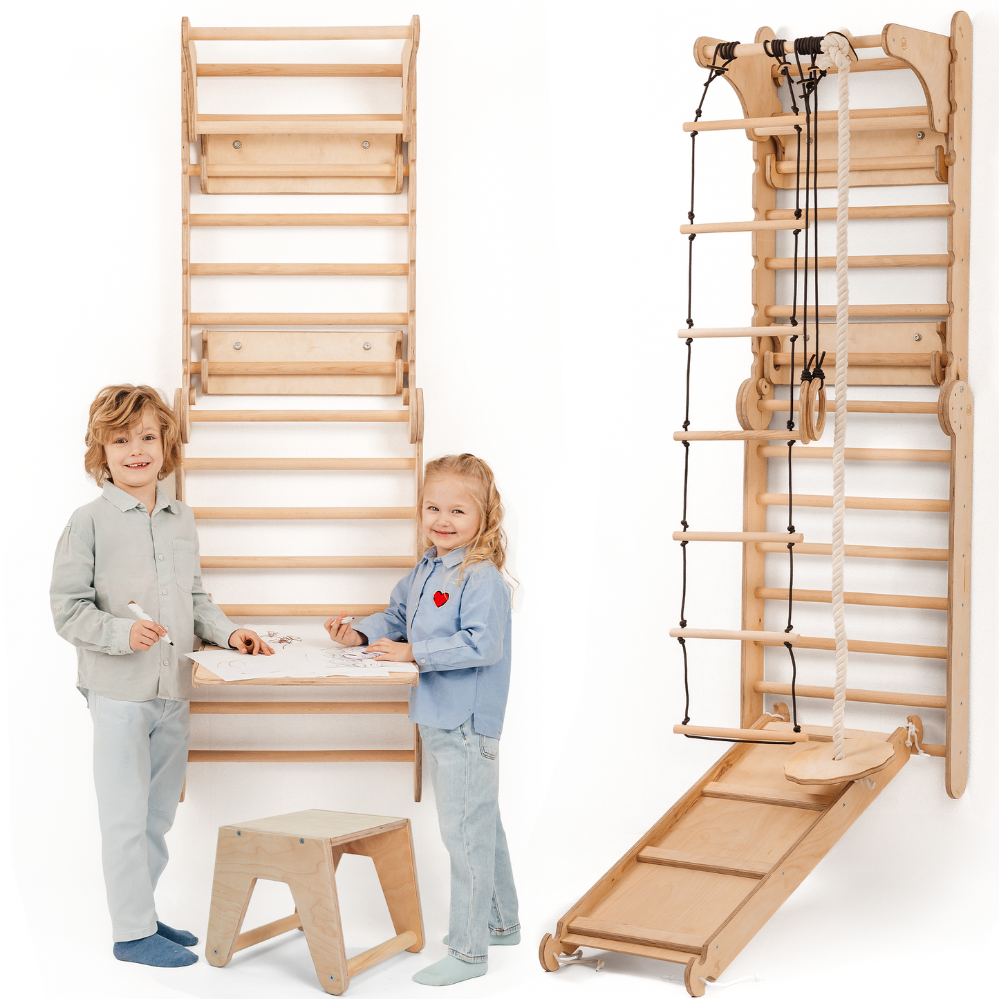 Beige wooden indoor climbing wall set with gymnastic rings, hanging ladder, slide, pull-up bar, drawing board, and children’s stool, shown with two kids playing.