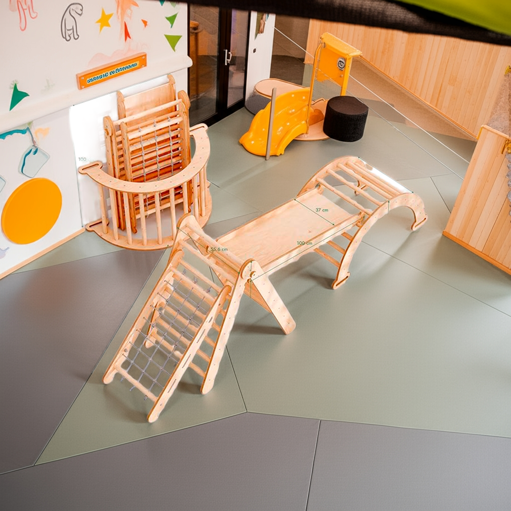 4in1 Montessori Kletter-Set: Kletterdreieck mit Rutsche, Kletterbogen mit Kissen, für Kinder 1-7 Jahre – Beige