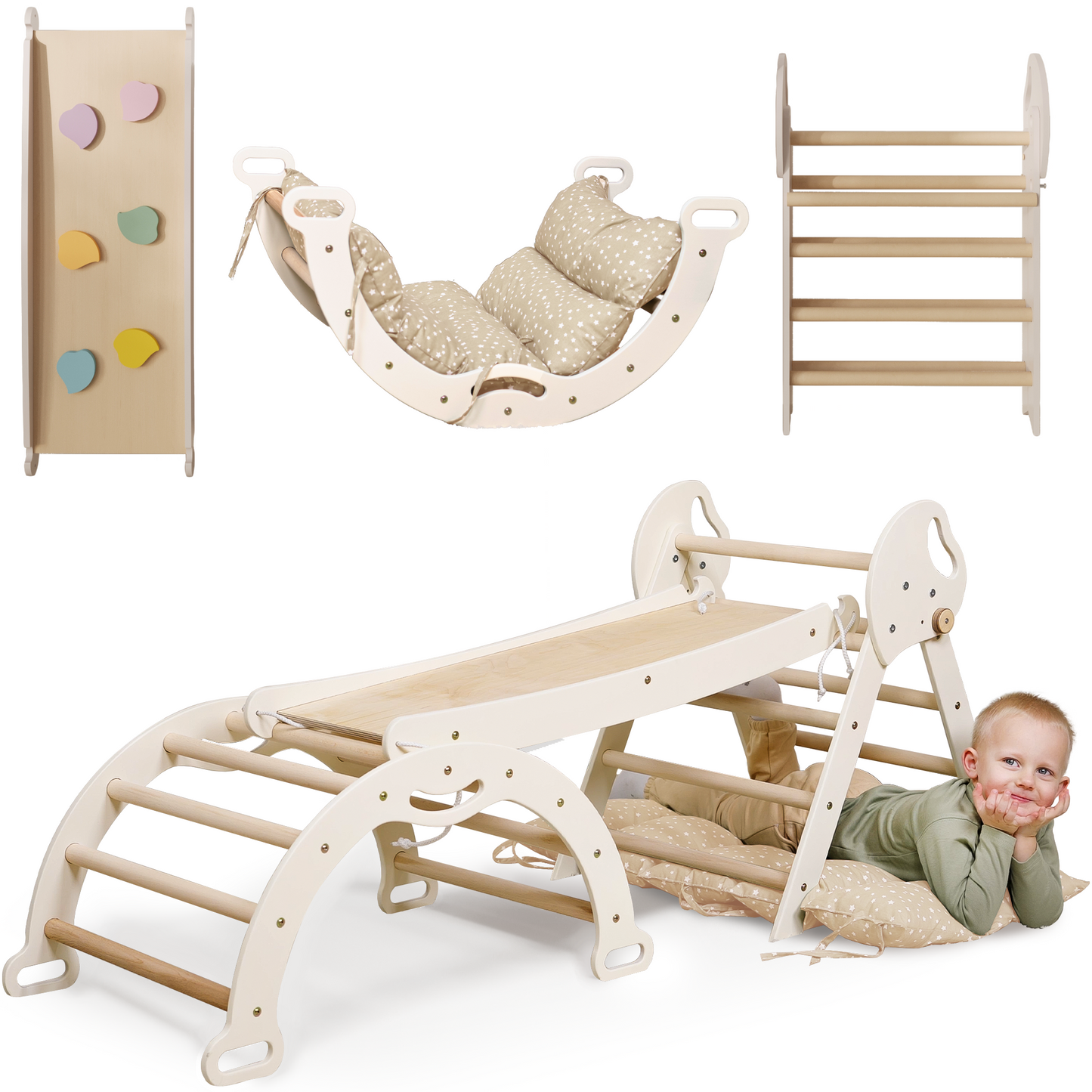 Montessori 4in1 Kletterset aus Holz für Kinder 1-3 mit Pikler Dreieck, Kletterbogen, Rutschbrett und Kissen