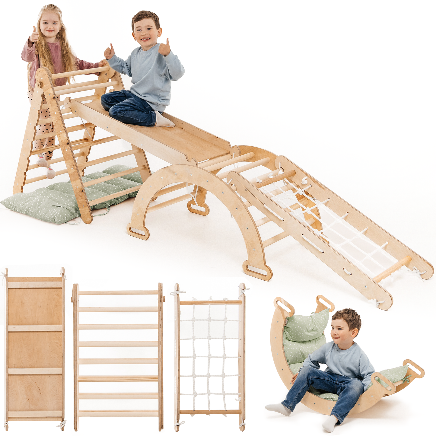 5in1 Montessori Klettergerüst Set - Dreieck, Rutsche & Bogen