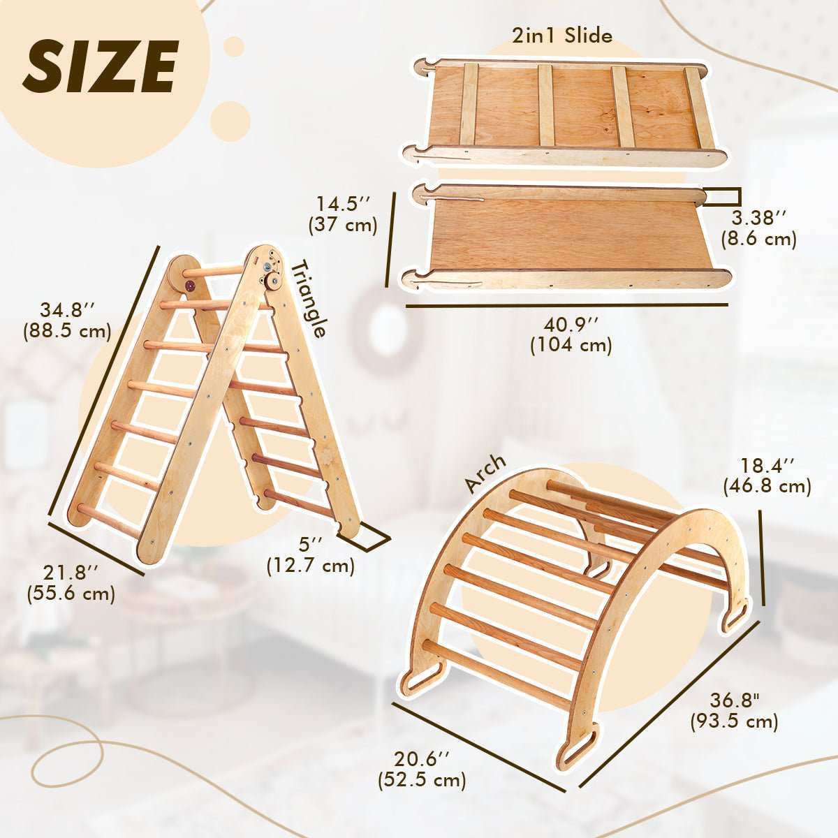 4in1 Montessori Klettergerüst Set: Kletterdreieck mit Rutsche, Kletterbogen mit Kissen, für Kinder 1-7 Jahre – Beige-2