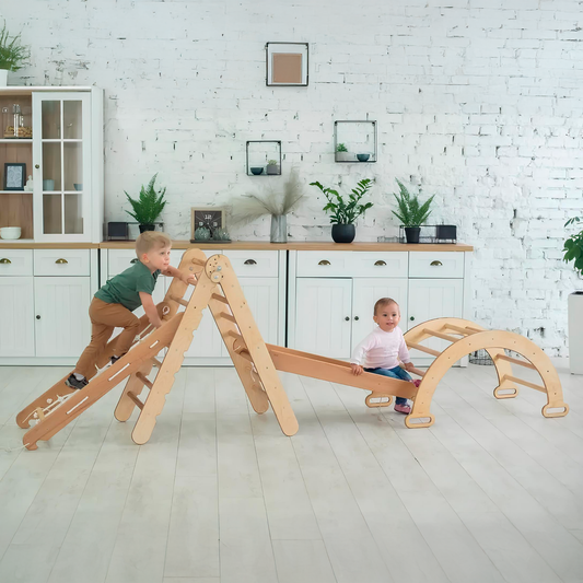 Montessori 4in1 wooden climbing set with slide, arch, and net for children 1-7 years in beige