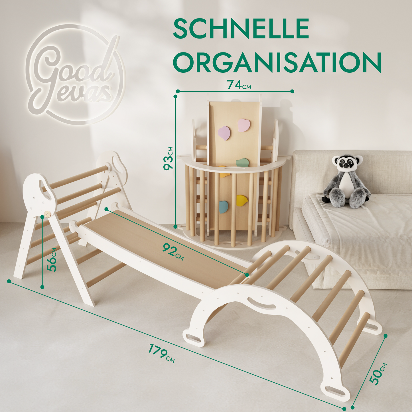 Montessori 4in1 Kletterset aus Holz für Kinder 1-3 mit Pikler Dreieck, Kletterbogen, Rutschbrett und Kissen
