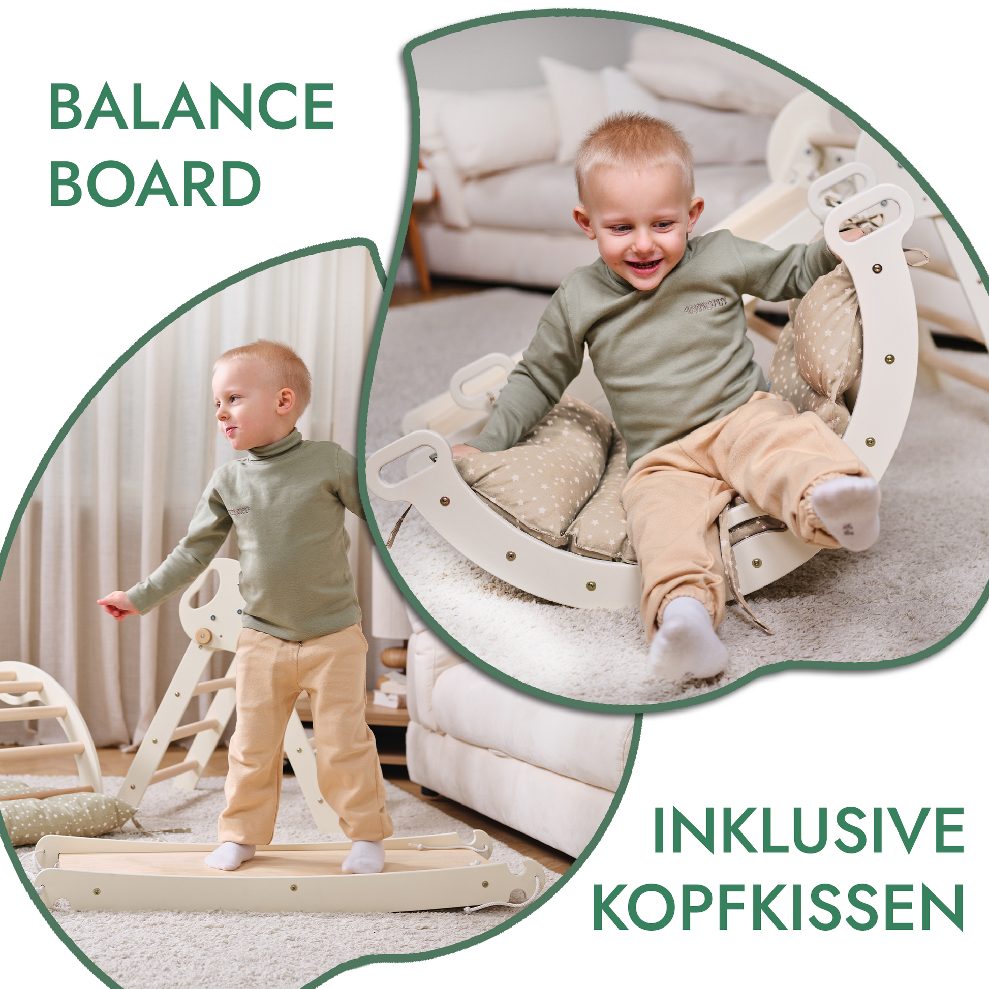 Montessori 4in1 Kletterset aus Holz für Kinder 1-3 mit Pikler Dreieck, Kletterbogen, Rutschbrett und Kissen