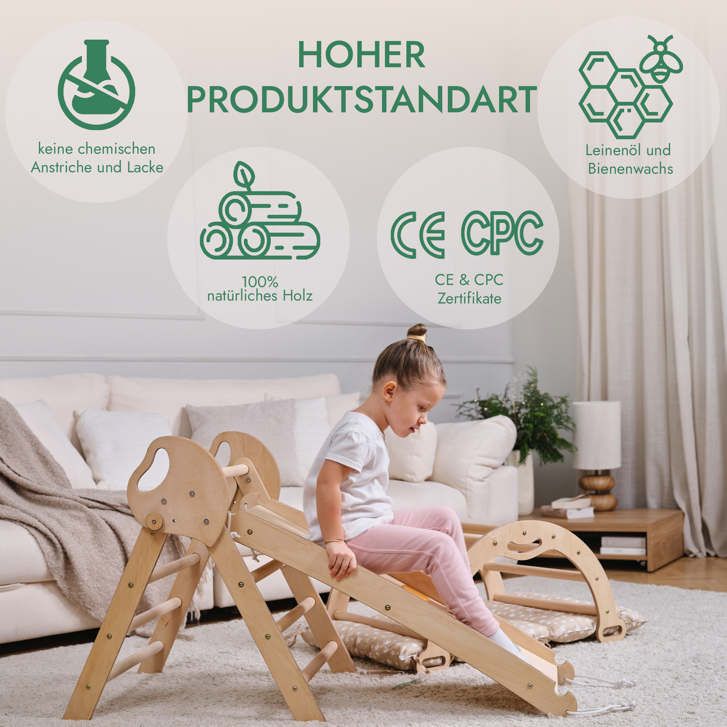 Montessori 4in1 Kletterset aus Holz für Kinder 1-3 mit Pikler Dreieck, Kletterbogen, Rutschbrett und Kissen