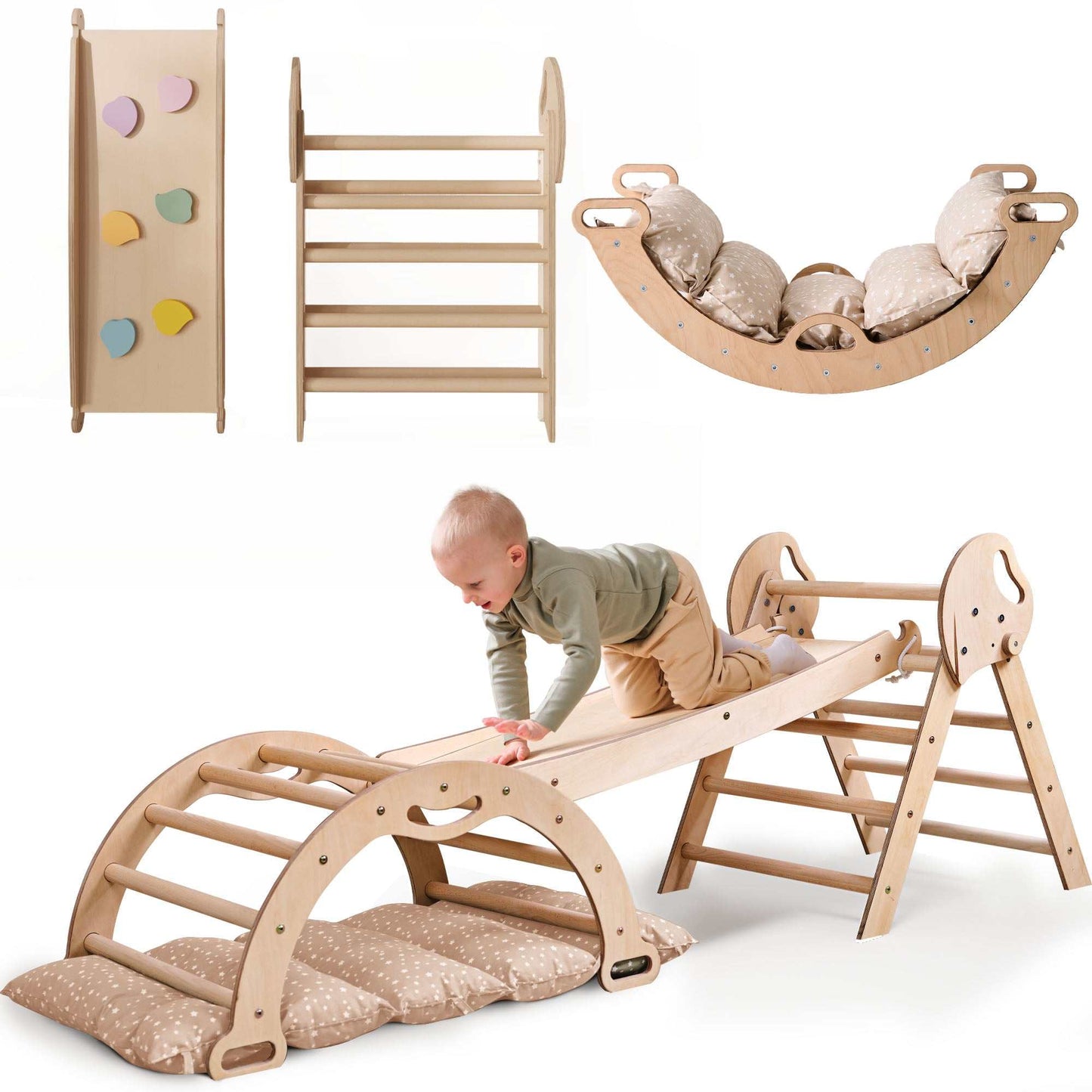 Montessori 4in1 Kletterset aus Holz für Kinder 1-3 mit Pikler Dreieck, Kletterbogen, Rutschbrett und Kissen