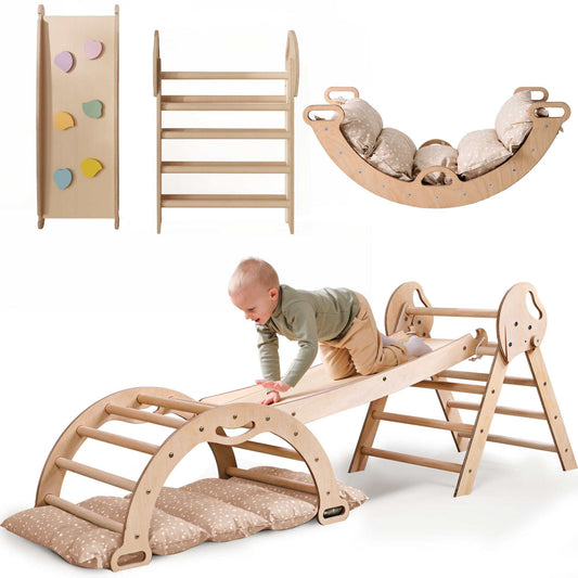 Montessori 4in1 Kletterset aus Holz für Kinder 1-3 mit Pikler Dreieck, Kletterbogen, Rutschbrett und Kissen