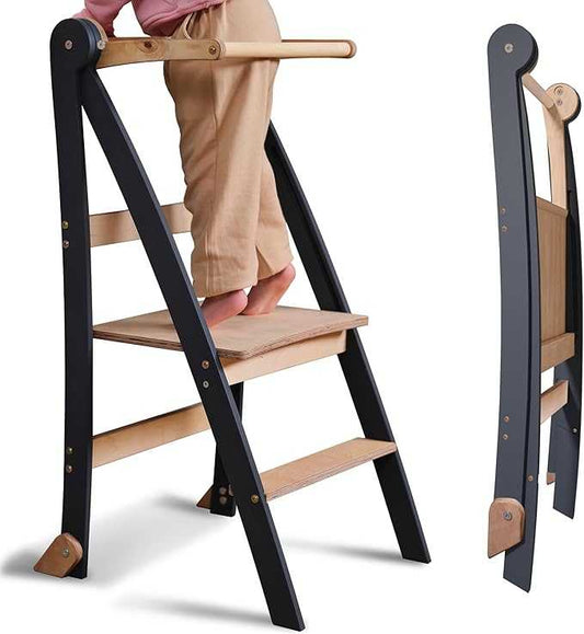 Montessori wooden learning ladder and foldable step stool in graphite for children helping in daily activities