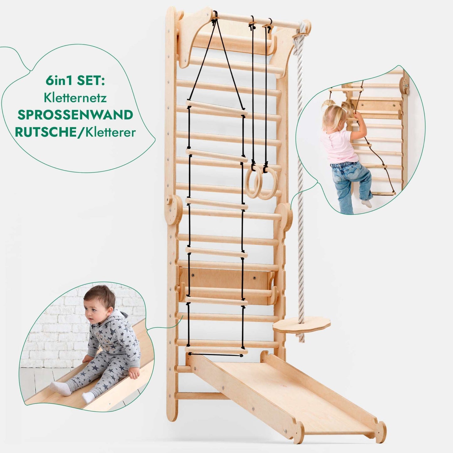 6in1 Kletterwand Indoor: Sprossenwand, Gymnastikringe, Hängende Leiter, Disc-Schaukel, Rutsche und Klimmzugstange für Kinder-2