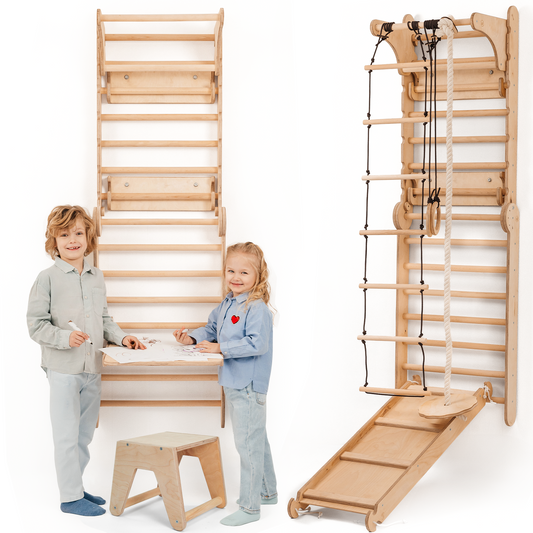 Beige wooden indoor climbing wall set with gymnastic rings, hanging ladder, slide, pull-up bar, drawing board, and children’s stool, shown with two kids playing.