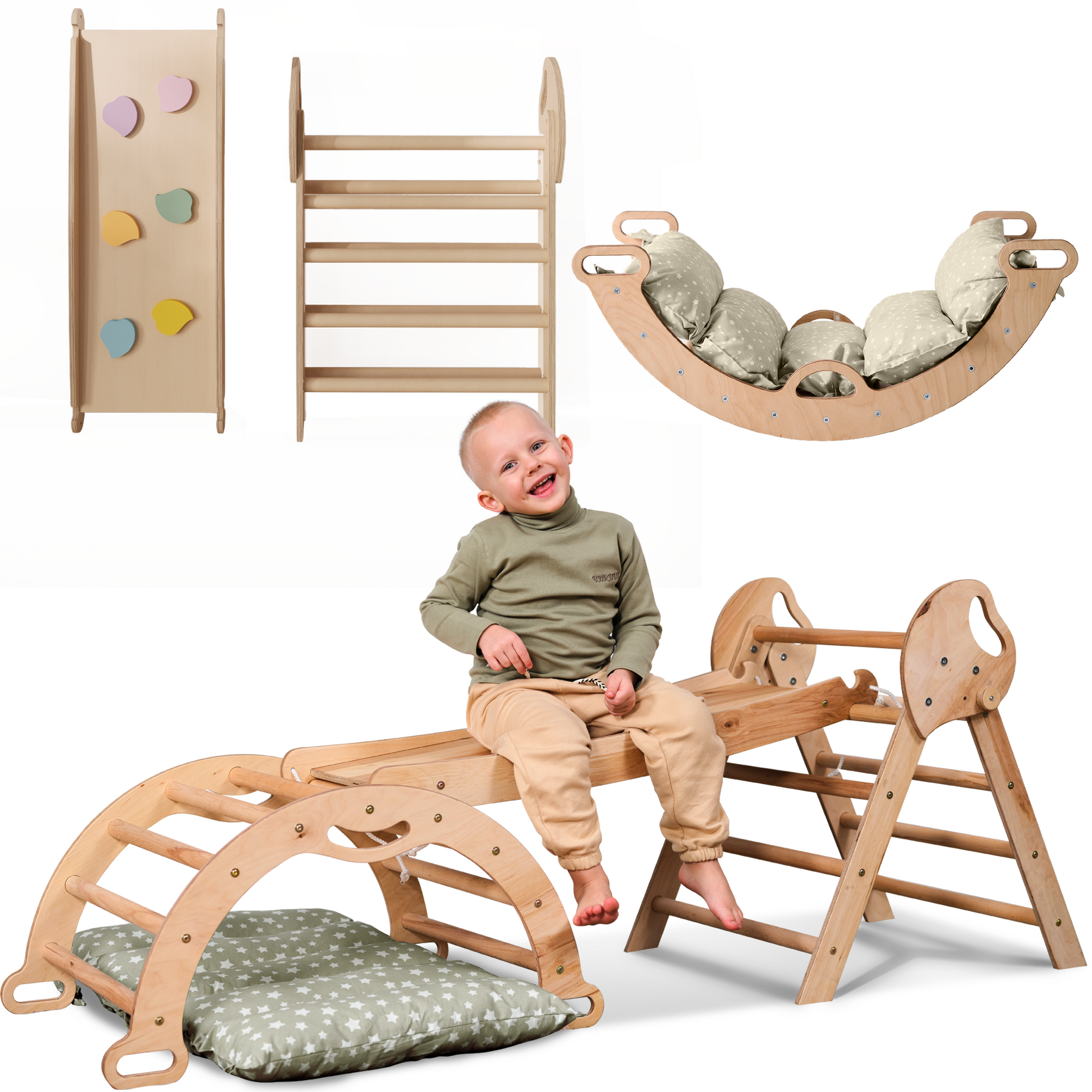 Montessori 4in1 Kletterset aus Holz für Kinder 1-3 mit Pikler Dreieck, Kletterbogen, Rutschbrett und Kissen