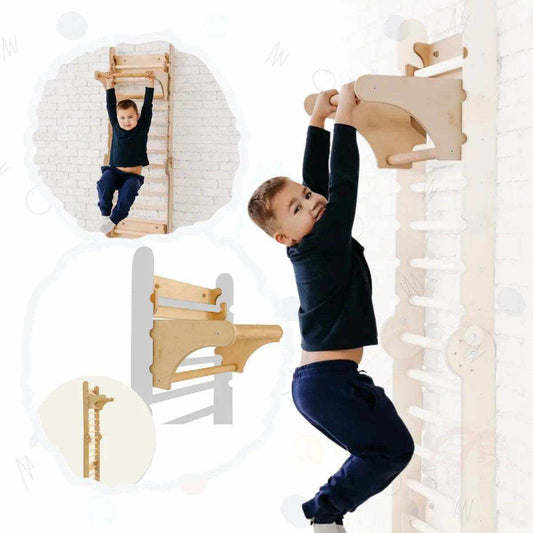 Child using wooden Sprossenwand-Ergänzung for Kletterdreieck wall-mounted climbing frame with pull-up bar accessory.