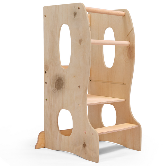 Stable beige wooden Montessori learning tower with adjustable platform for children aged 1-7