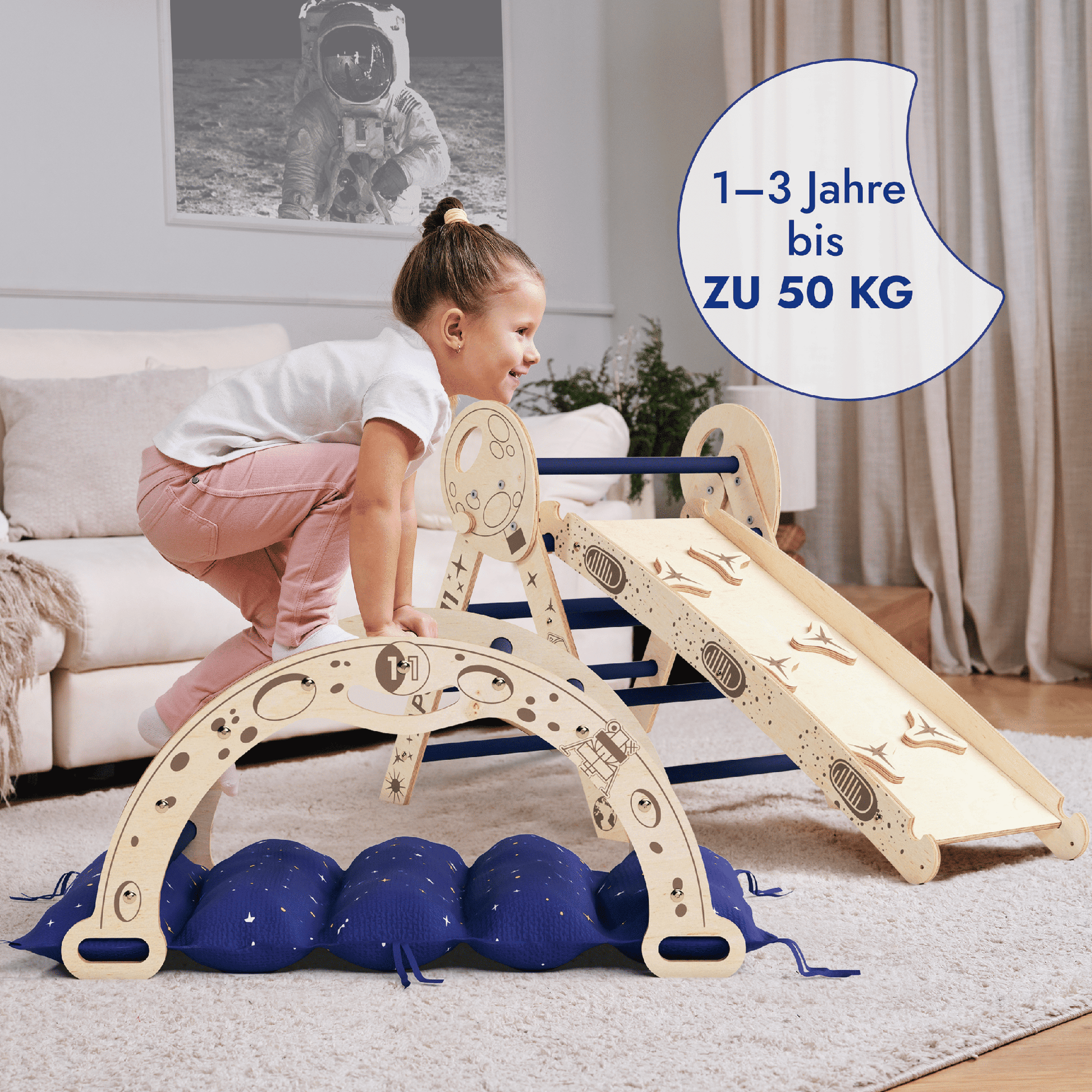 Apollo 4in1 Kletterset: Pikler-Dreieck, Kletterbogen, Rutschbrett und Kissen für kleine Kleinkind-Astronauten-2
