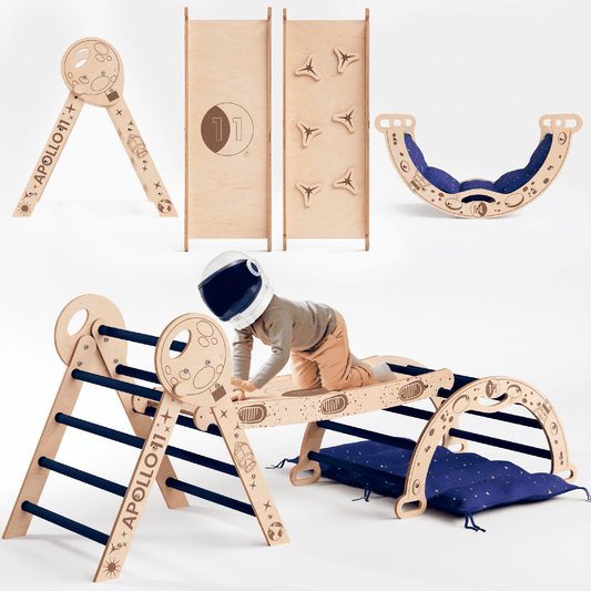 Apollo 4in1 Kletterset wooden climbing set for toddlers with space-themed designs including Pikler triangle, climbing arch, slide, and cushion.
