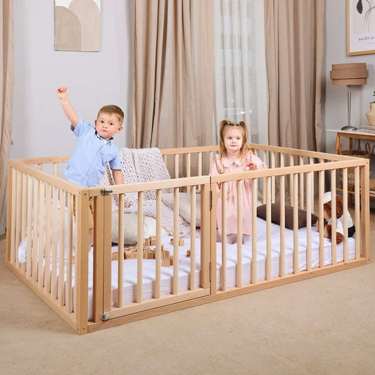 Montessori wooden floor bed with protective railing for toddlers and children, spacious play and sleep area promoting independence and motor skills development.