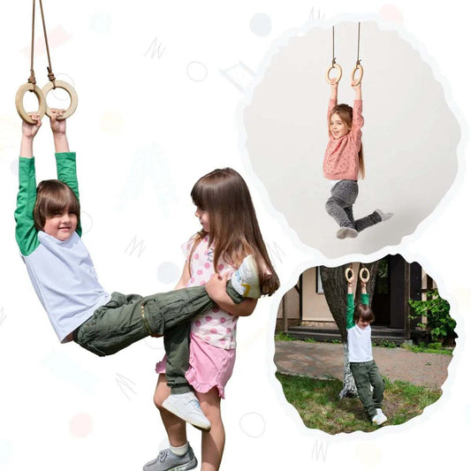 Children playing and exercising with wooden gymnastic rings hanging indoors and outdoors, promoting physical activity and muscle development.